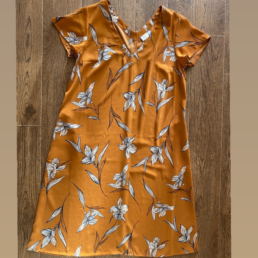 Mustard yellow and floral v-neck shift dress